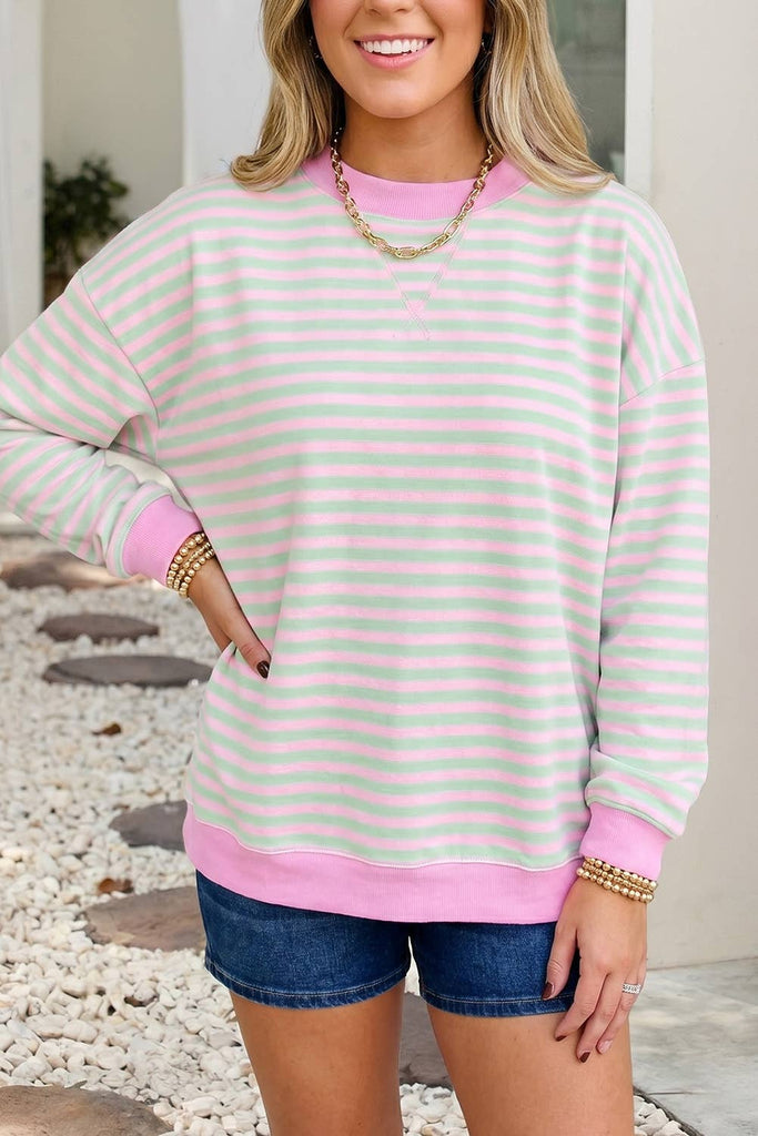 Little Daisy Closet - LDC Stripe Stand Neck Sweatshirt Casual Loose Fit Pullover: Green Stripe / XL