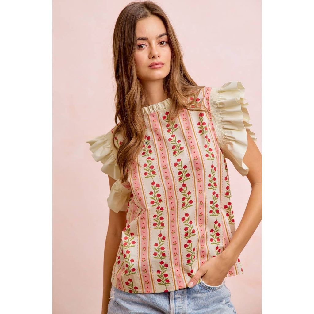 FLOWER WOVEN CONTRAST SOLID RUFFLE BLOUSE TOP