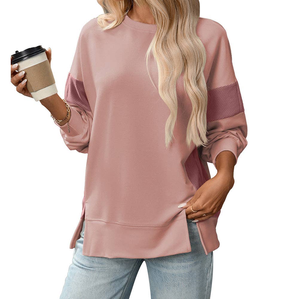 Pink Colorblock Crewneck Long Sleeve Pullover Sweatshirt