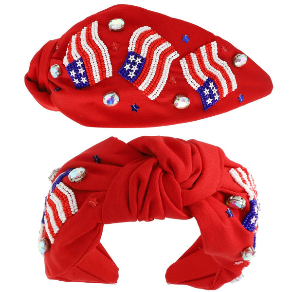 Patriotic USA Flag Jeweled Beaded Headband: Red/Blue