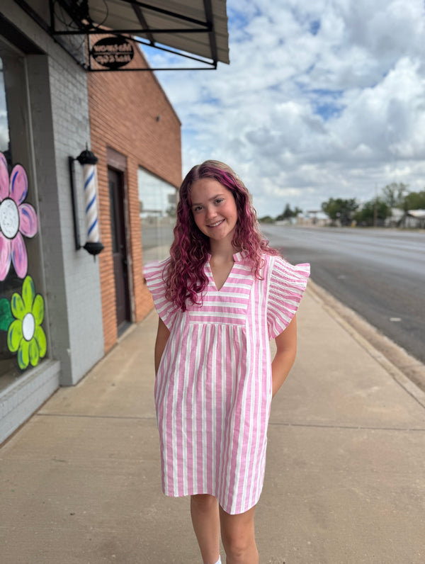 Stripes cotton dress with slit frilled neck - Pink