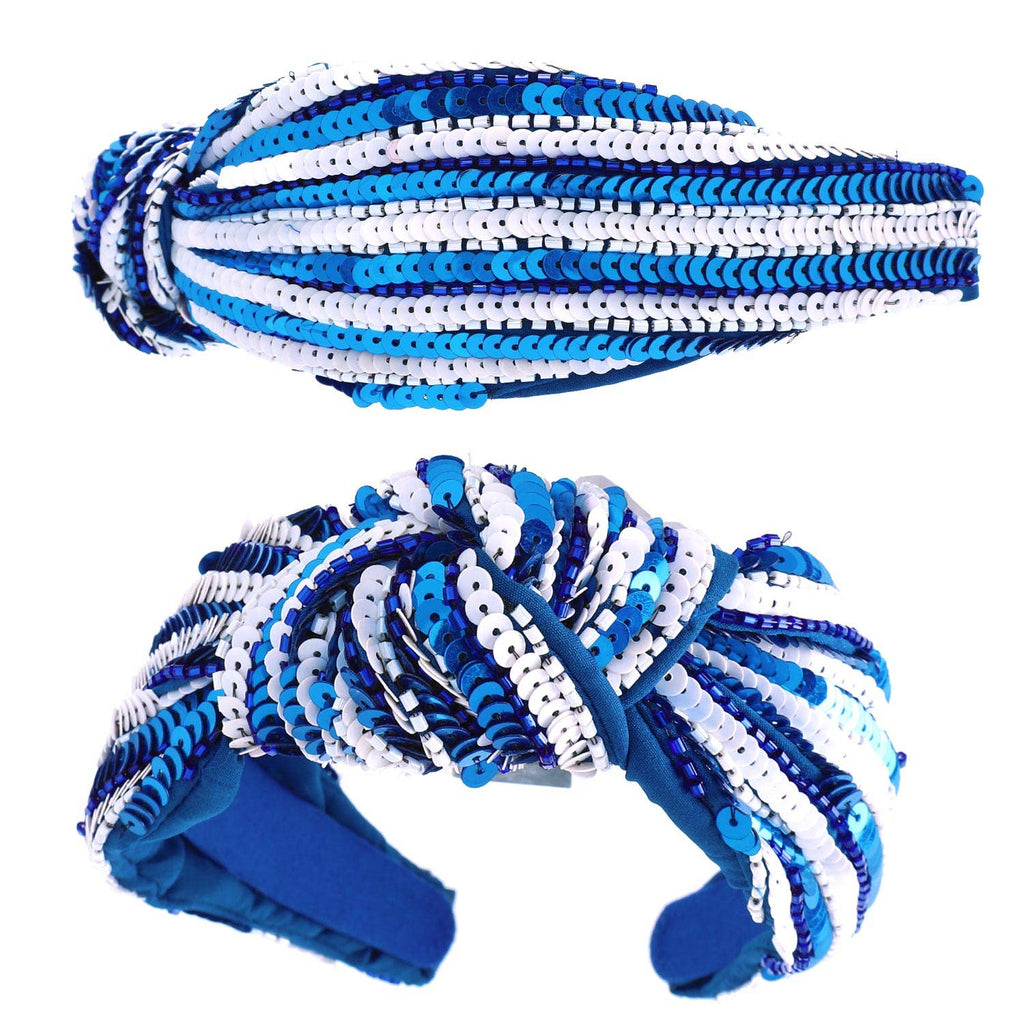 Fully Embellished Sequin Knotted Headband- Blue/White