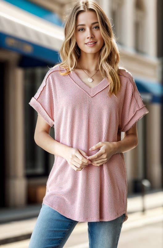 Solid Dolman Short Sleeve Ribbed Top