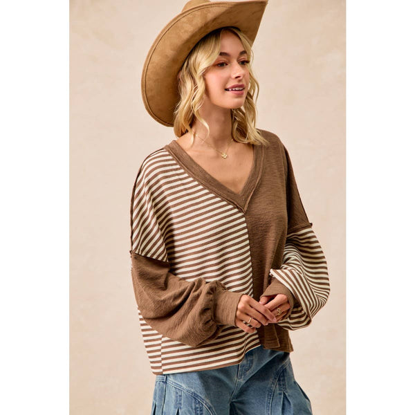 Brown Knit with Stripe V Neck Top