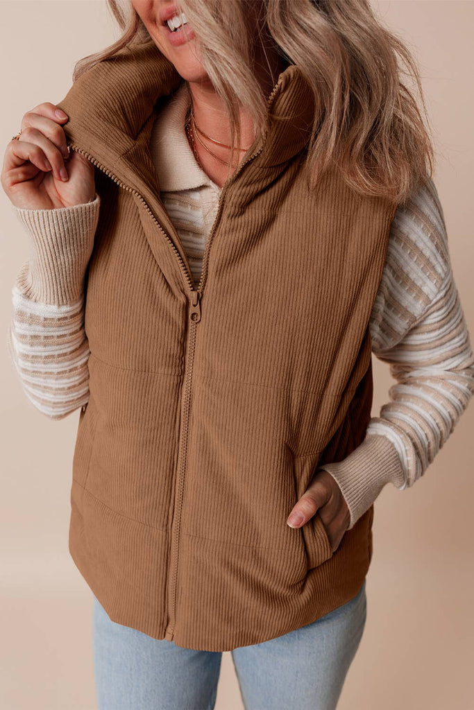 Corduroy Stand Neck Zipped Puffer Vest - Camel