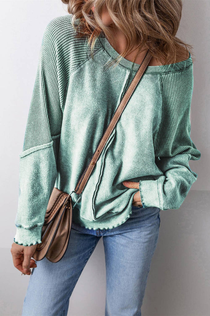 Waffle Knit Patchwork Exposed Seam Raglan Sweatshirt: Green