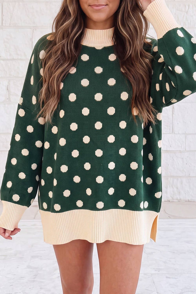 1 the Woman - Contrasting Polka Dot Mock Neck Christmas Pullover Sweater: Green / M