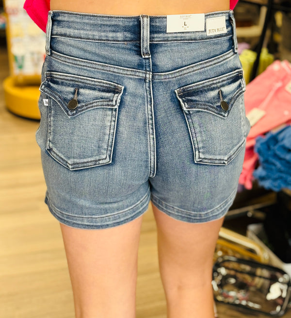 Judy Blue Mid Rise Faux Flap Pocket Shorts