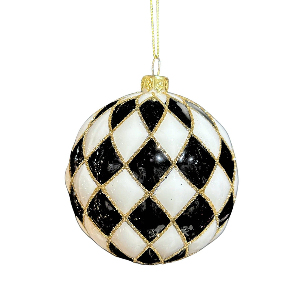 Black Check Glass Ornament 4"