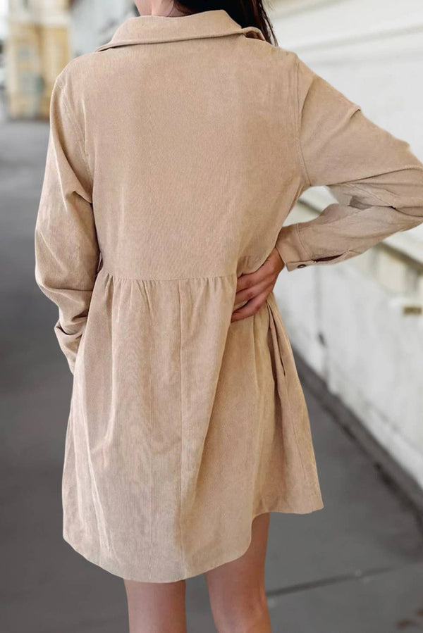 Corduroy Half Button Collared Long Sleeve Mini Dress