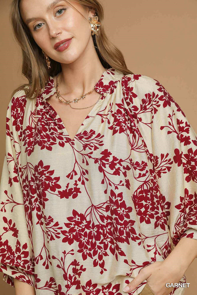 Cherry Blossom Print Scallop Hem Blouse - See Color
