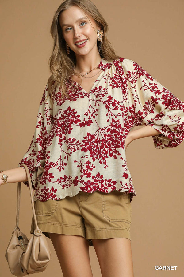 Cherry Blossom Print Scallop Hem Blouse - See Color
