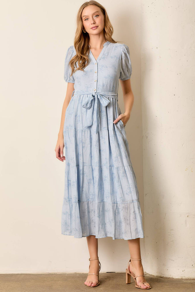 Printed Button Front Tiered Midi Dress - Light Blue