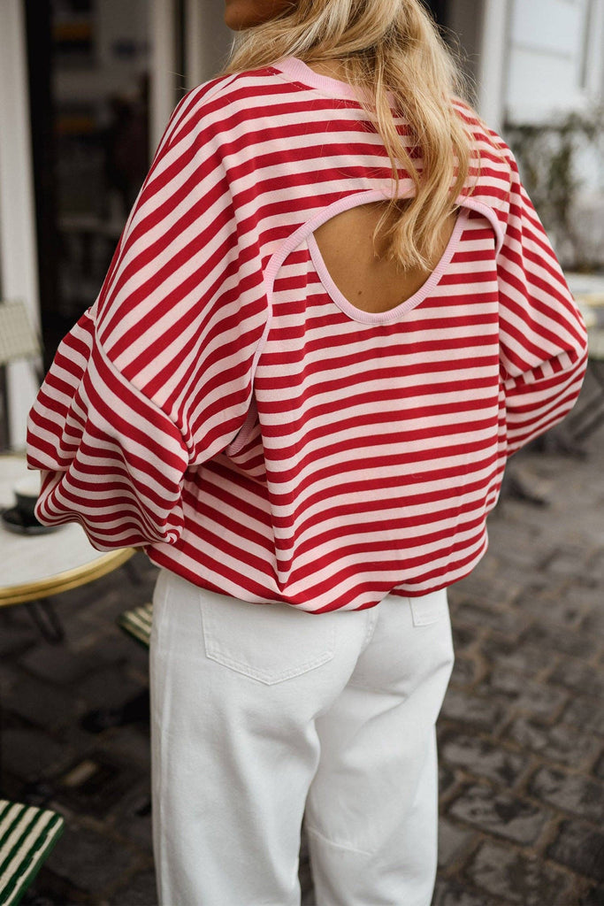 Cutout Back Long Sleeve Loose Top- Red Stripe