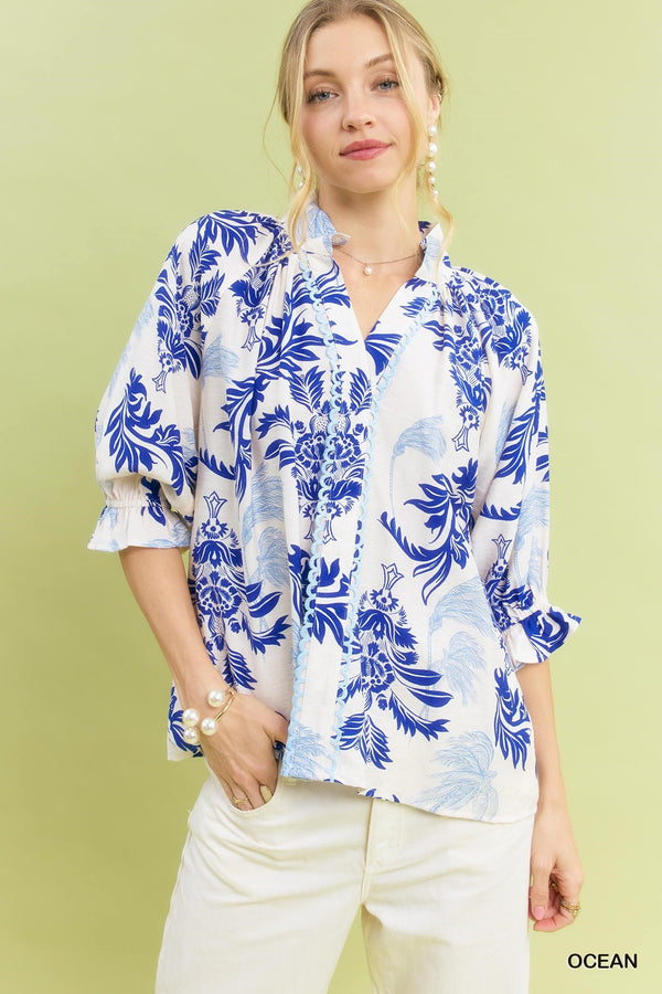 Leafy Damask Print Button-Down Top