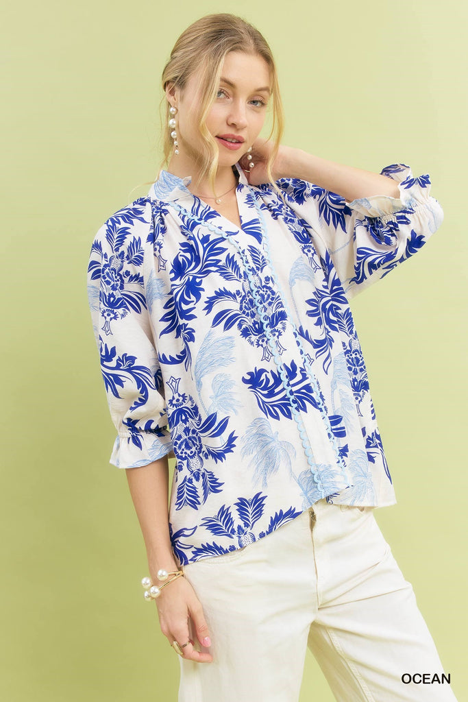 Leafy Damask Print Button-Down Top