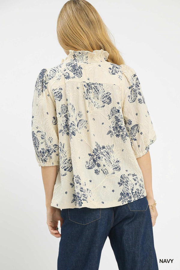 Floral Embroidered Blouse with Ruffle Trim - Navy
