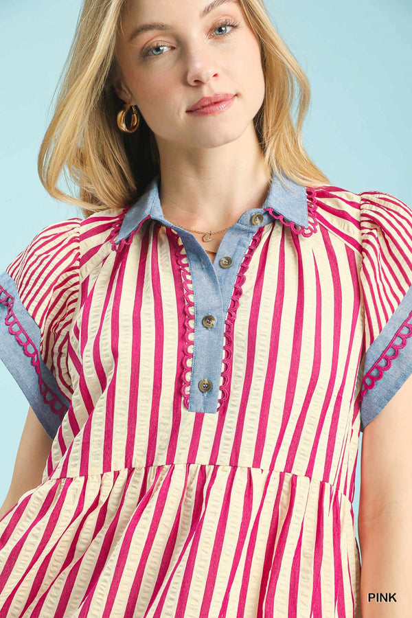 Mixed Stripe Flutter Sleeve Tiered Dress