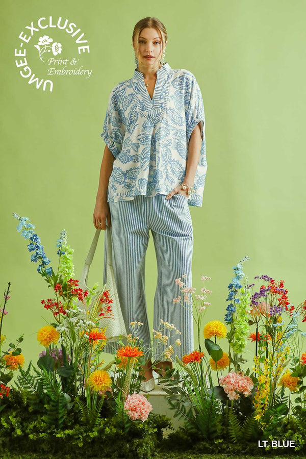 Umgee Botanical Print Mixed Trim Top - Lt Blue