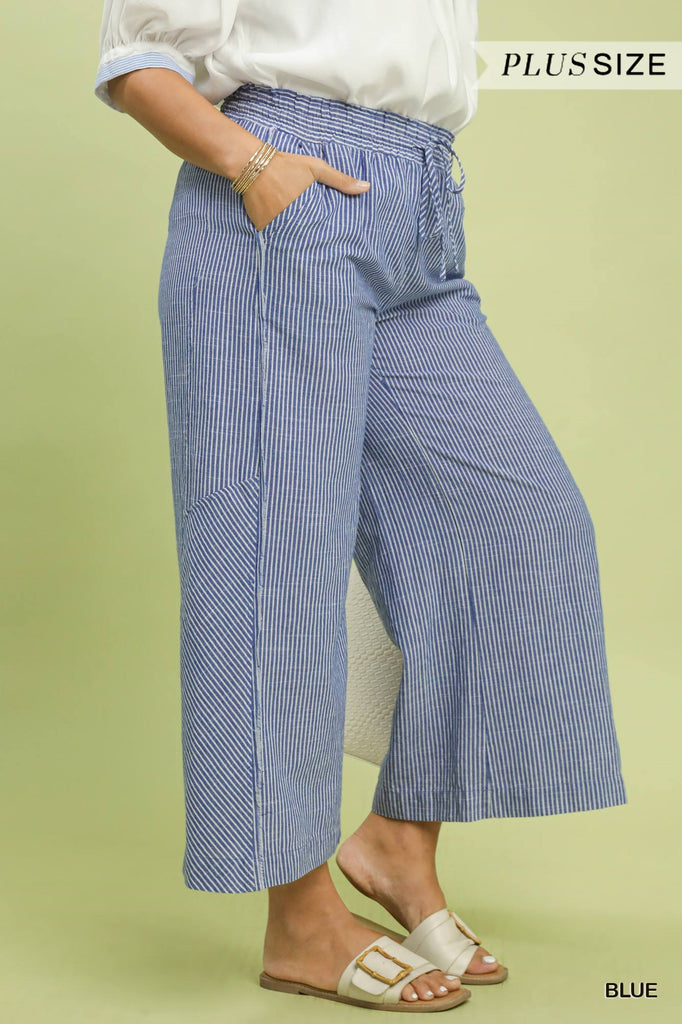 Blue Linen Blend Striped Wide Leg Pants