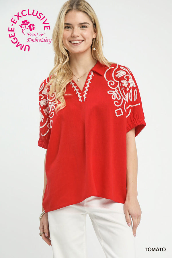 Embroidered Short Sleeve Blouse - Red