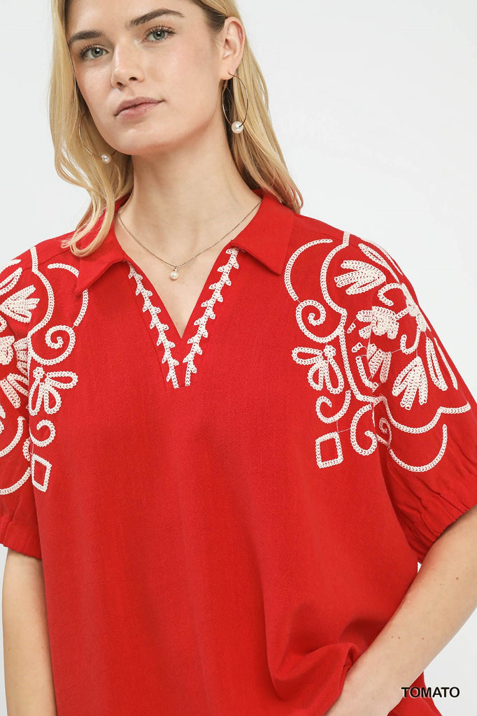 Embroidered Short Sleeve Blouse - Red