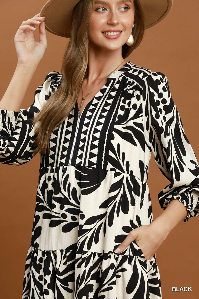 Botanical Print Tiered Midi Dress - Black