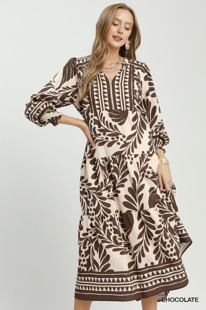Botanical Print Tiered Midi Dress - Brown