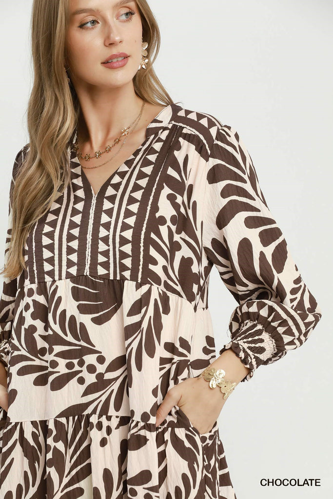 Botanical Print Tiered Midi Dress - Brown