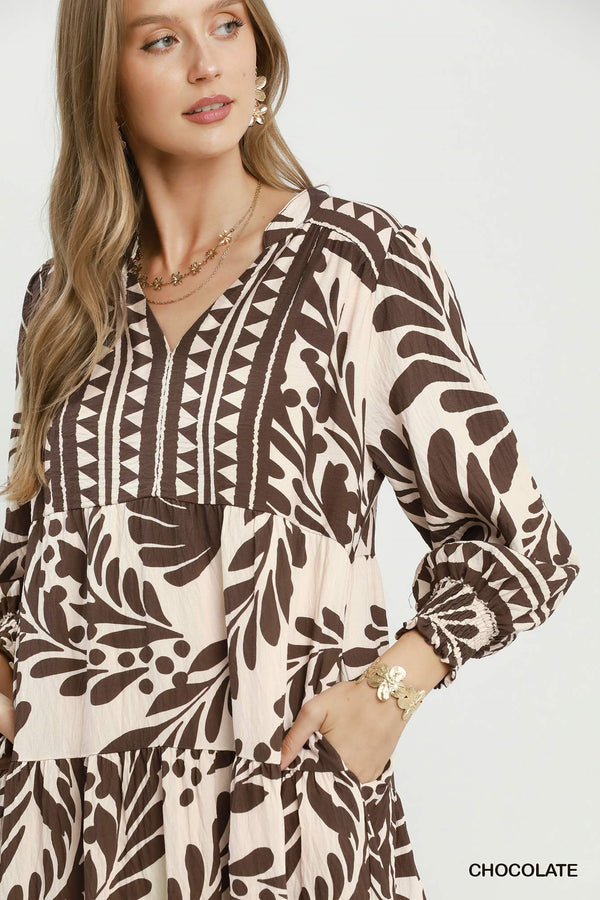 Botanical Print Tiered Midi Dress - Brown