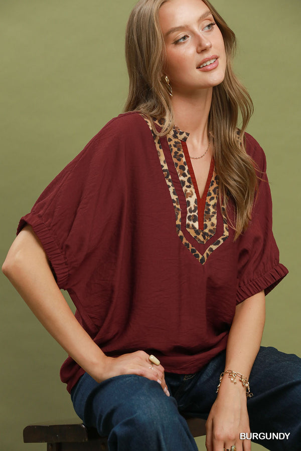 Leopard Trim Dolman Sleeve Top - Burgundy