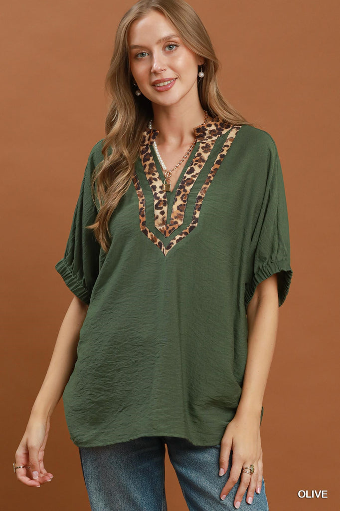 Leopard Trim Dolman Sleeve Top - Olive