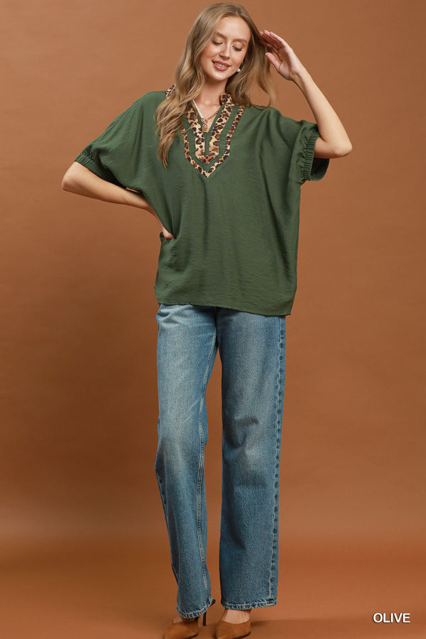 Leopard Trim Dolman Sleeve Top - Olive