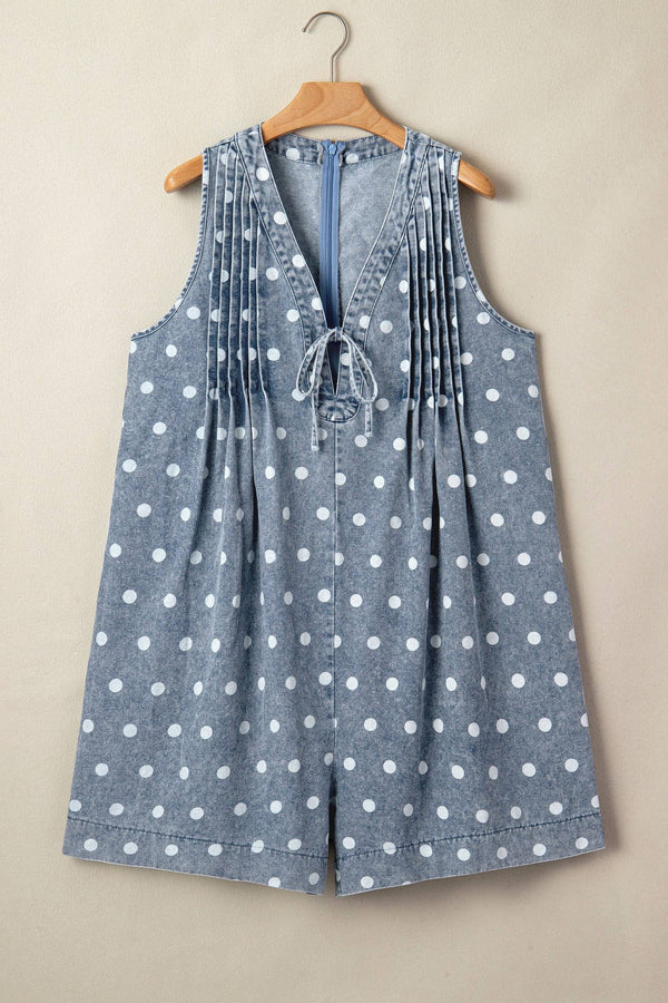 Polka Dot Denim Tie Pleated Romper