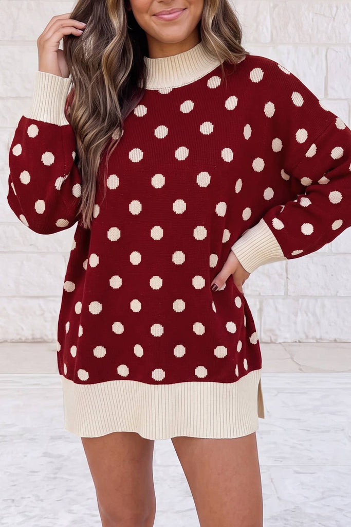 1 the Woman - Contrasting Polka Dot Mock Neck Christmas Pullover Sweater: Red / XL