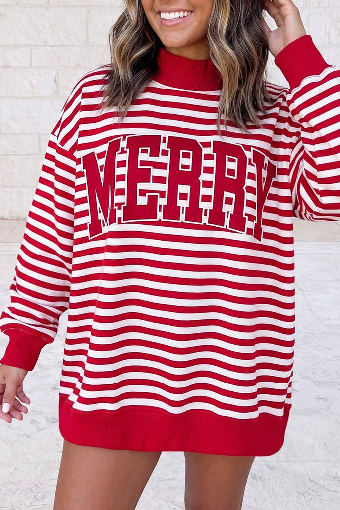 1 the Woman - Christmas Slogan Printed Mock Neck Oversized Sweatshirt S–4X: Red Stripe / XL