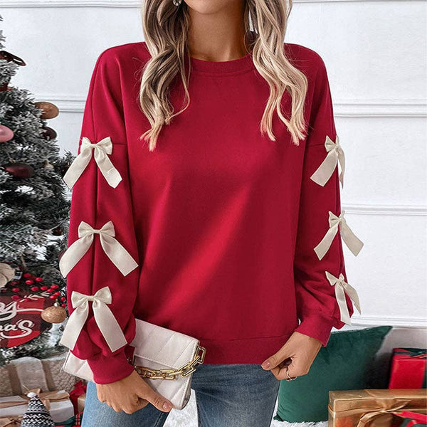 Crew Neck Bowknot Long Sleeve Sweatshirts -Red