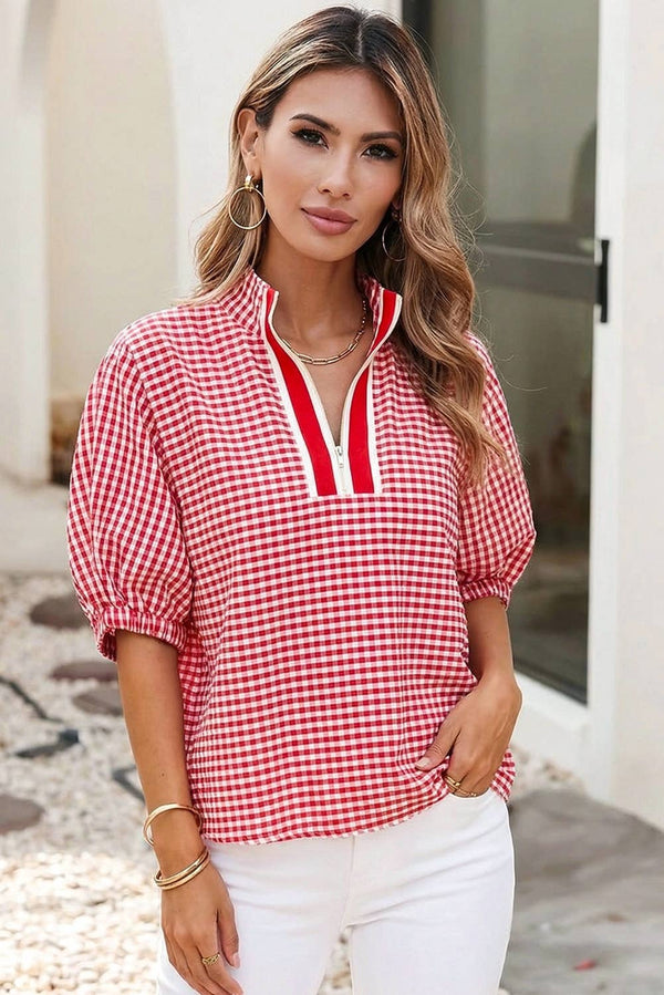 Plaid Short Sleeve Colorblock Trim Split Neck Blouse-Red