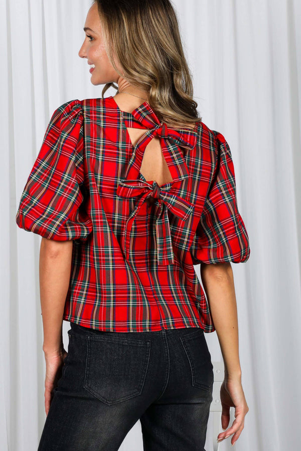 V-Back 2 Bow Accent Christmas Plaid Blouse Top