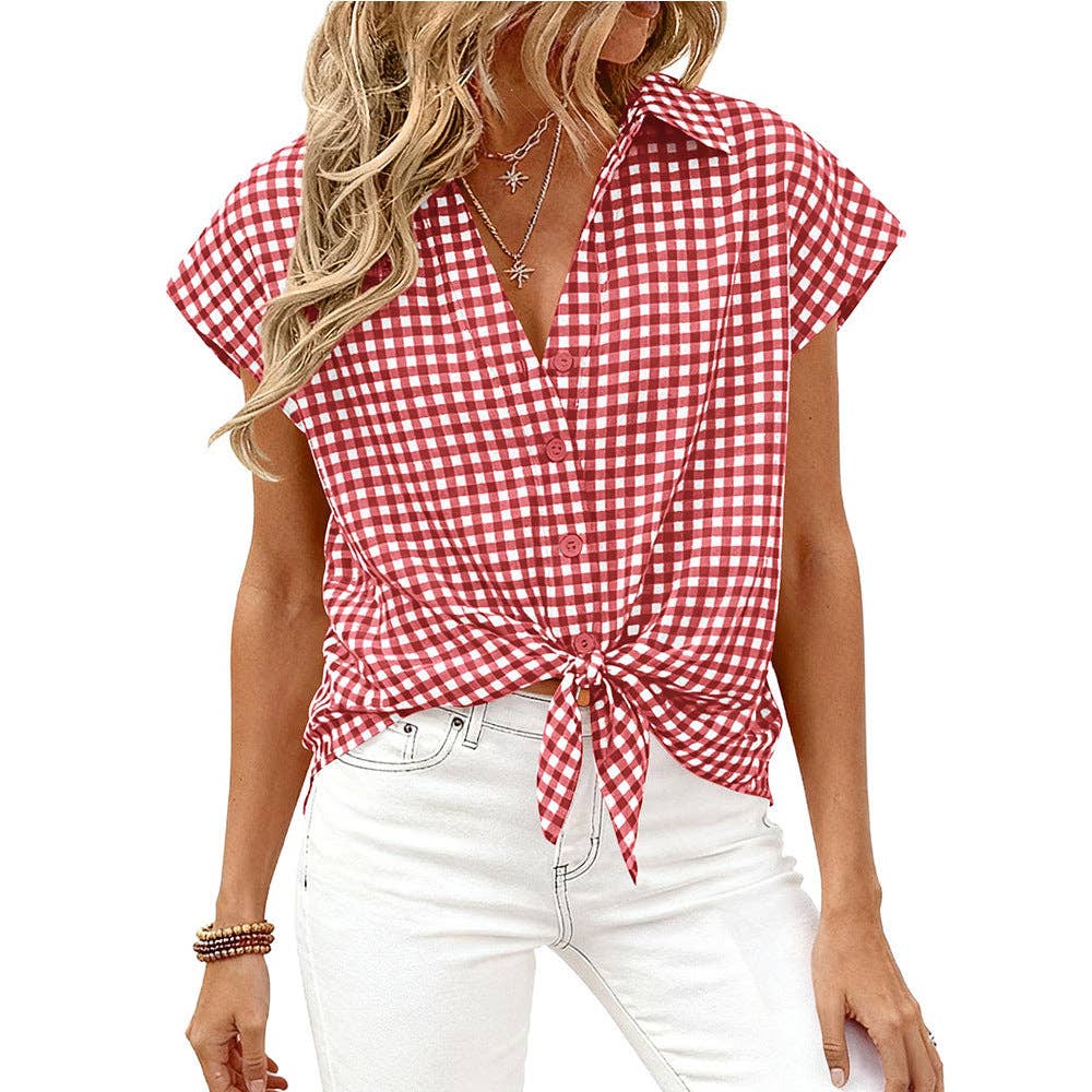 Gingham Button Down Summer Top Loose Fit Blouse