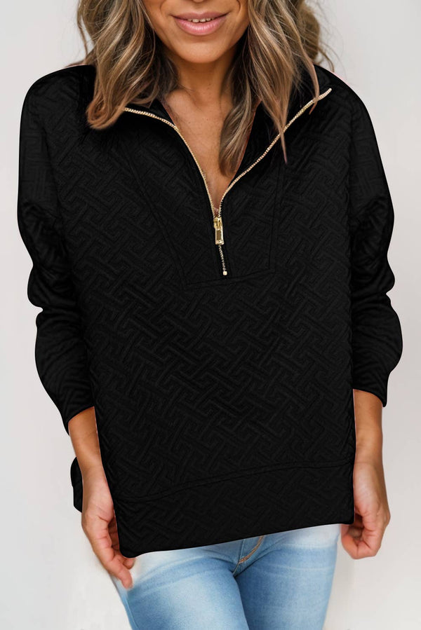 Textured Collared Zipper Front Sweatshirt Black