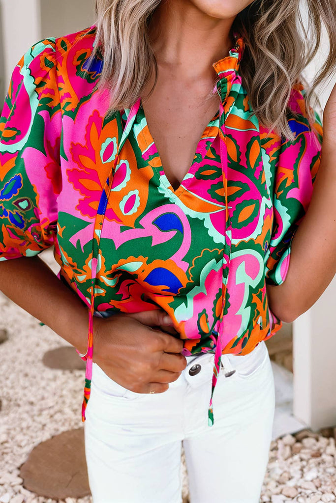 Summer Plant Print Lace up V Neck Puff Blouse : Rose