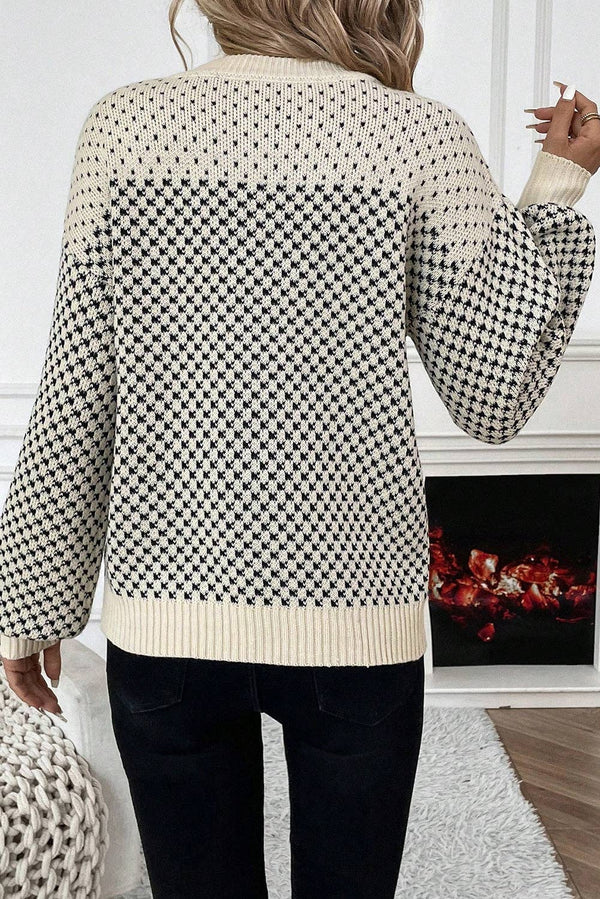 Contrast Color Pattern Lantern Sleeve Sweater: Black