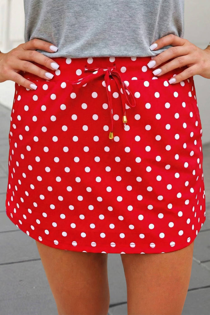 Red Polka Dot Print Drawstring Skort