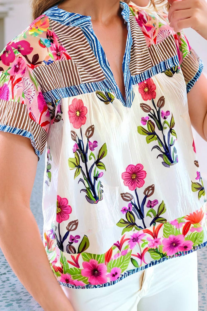 Floral Striped Patchwork Short Sleeve Split Neck Top