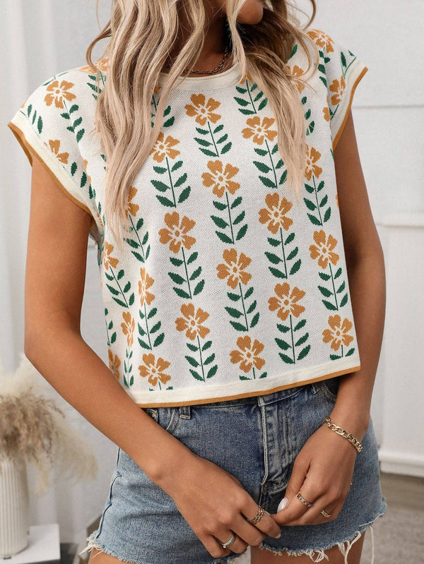 Retro Floral Knit Crop Top Vintage Pullover - see Colors
