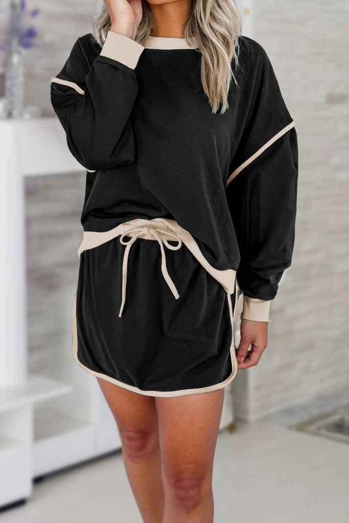 Colorblock Loose Fit Pullover & Skirt Set