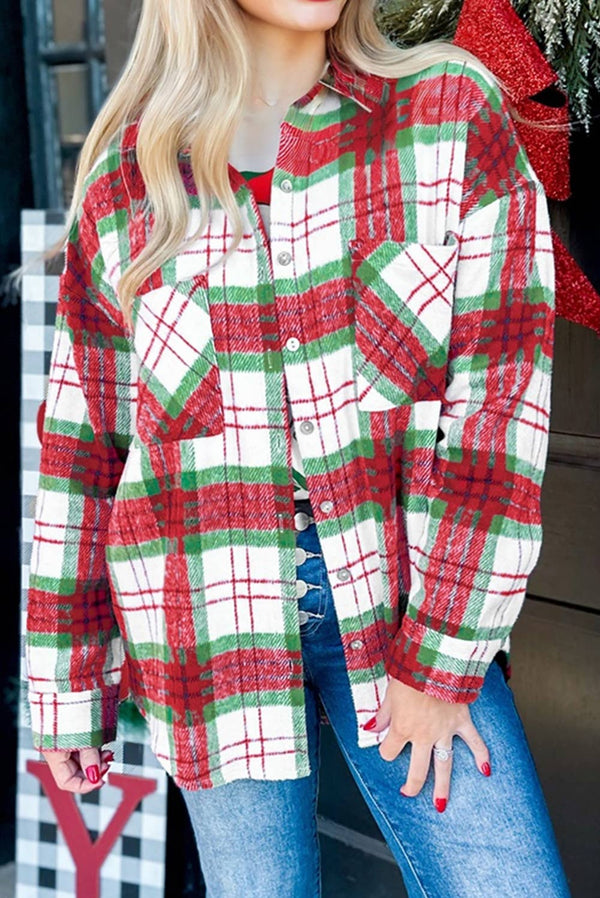 Christmas Plaid Long Sleeve Shacket - Red