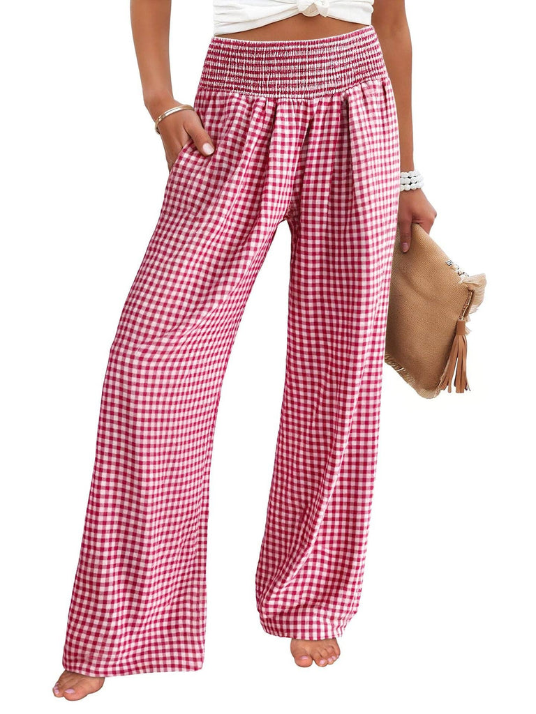Suhkasana - Gingham High Waist Wide Leg Pants with Pockets: Red / 50%COTTON+50%POLYESTER / XL
