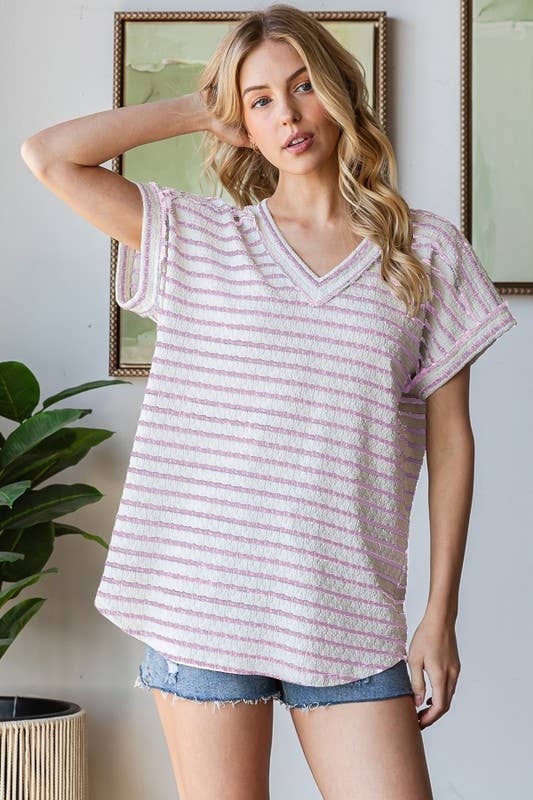 SHORT SLEEVE WITH BAND V NECK STRIPE TOP: CREAM/PINK